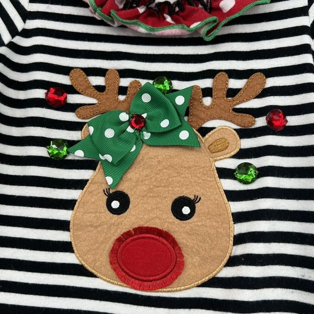 Jessica Ann Girls Christmas‎ Reindeer Ruffle Rhinestones Embroidered Dress 2T